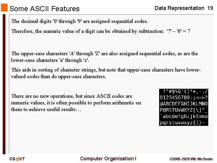 Some ASCII Features Data Representation 19 The decimal digits '0' through '9' are assigned Some ASCII Features Data Representation 19 The decimal digits '0' through '9' are assigned