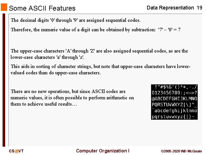 Some ASCII Features Data Representation 19 The decimal digits '0' through '9' are assigned