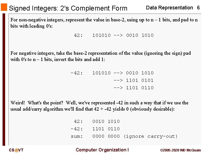 Signed Integers: 2's Complement Form Data Representation 6 For non-negative integers, represent the value Signed Integers: 2's Complement Form Data Representation 6 For non-negative integers, represent the value