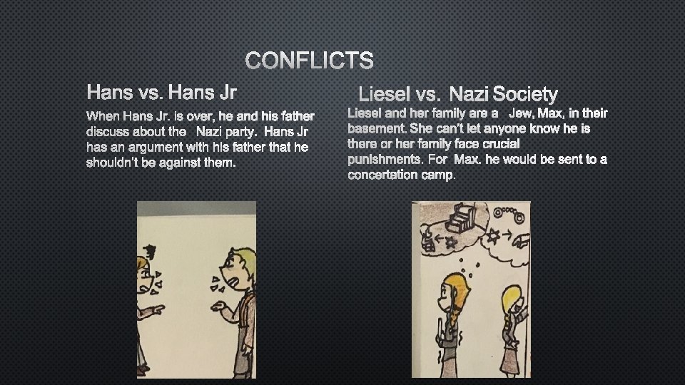 CONFLICTS HANS VS. HANS JR LIESEL VS. NAZI SOCIETY WHEN HANS JR. IS OVER,