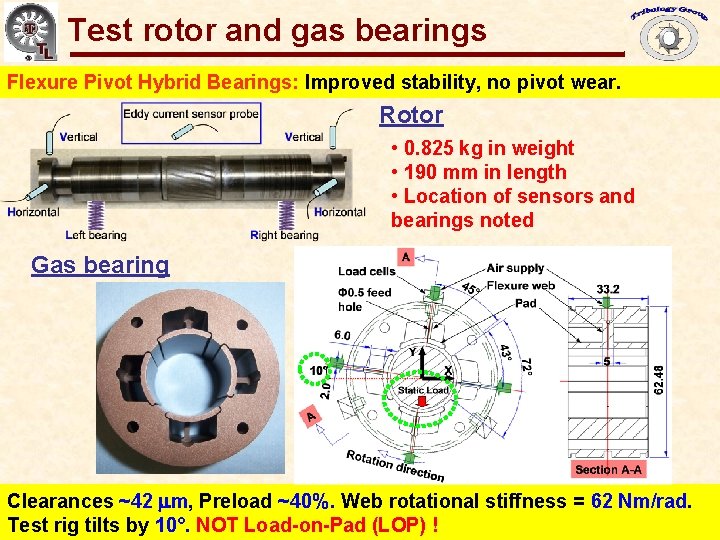 Gas Bearings for Oil-Free Turbomachinery Test rotor and gas bearings Flexure Pivot Hybrid Bearings: