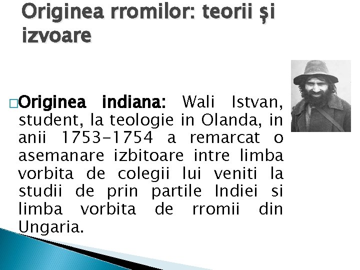 Originea rromilor: teorii și izvoare �Originea indiana: Wali Istvan, student, la teologie in Olanda,