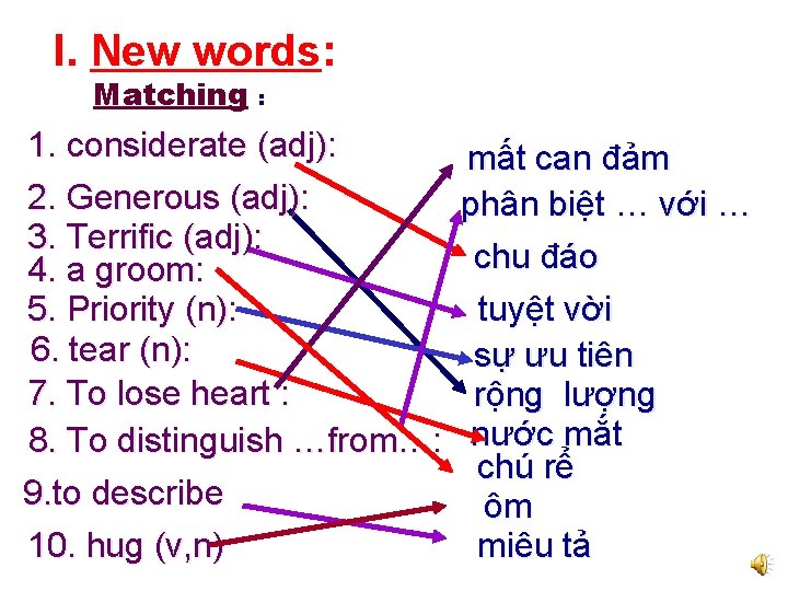 I. New words: Matching : 1. considerate (adj): 2. Generous (adj): 3. Terrific (adj):