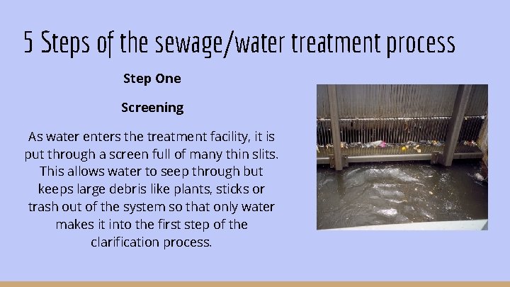 5 Steps of the sewage/water treatment process Step One Screening As water enters the