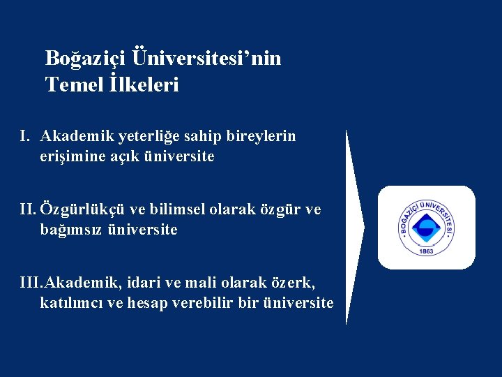 Boğaziçi Üniversitesi’nin Temel İlkeleri I. Akademik yeterliğe sahip bireylerin erişimine açık üniversite II. Özgürlükçü