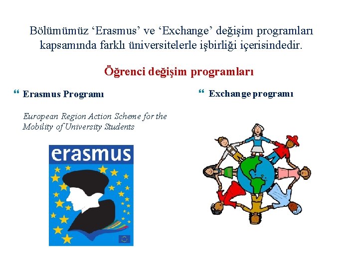 Bölümümüz ‘Erasmus’ ve ‘Exchange’ değişim programları kapsamında farklı üniversitelerle işbirliği içerisindedir. Öğrenci değişim programları