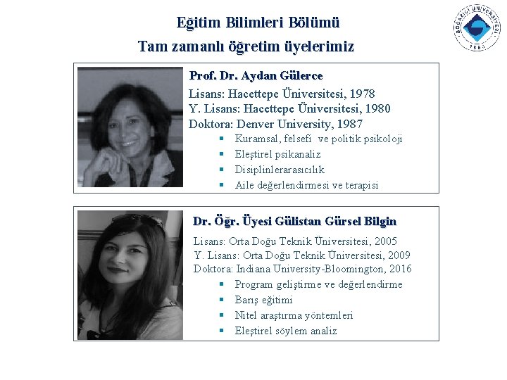 Eğitim Bilimleri Bölümü Tam zamanlı öğretim üyelerimiz Prof. Dr. Aydan Gülerce Lisans: Hacettepe Üniversitesi,