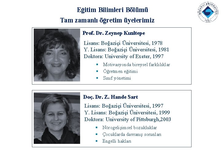 Eğitim Bilimleri Bölümü Tam zamanlı öğretim üyelerimiz Prof. Dr. Zeynep Kızıltepe Lisans: Boğaziçi Üniversitesi,