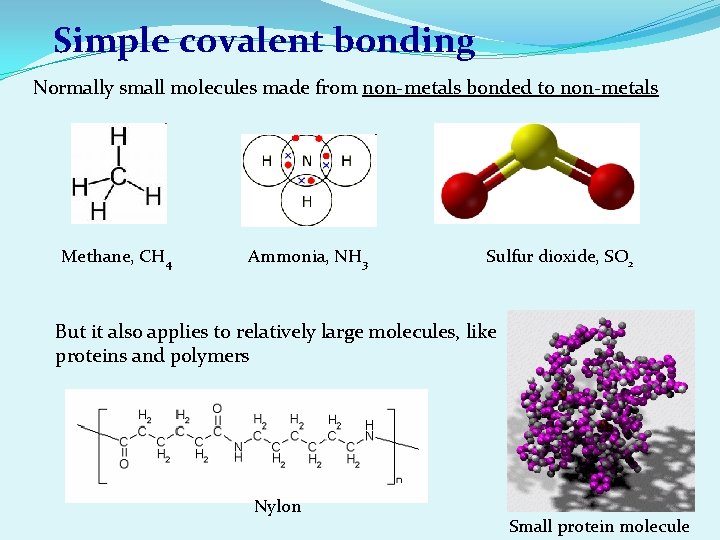 Simple covalent bonding Normally small molecules made from non-metals bonded to non-metals Methane, CH