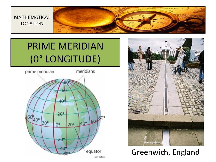 MATHEMATICAL LOCATION PRIME MERIDIAN (0° LONGITUDE) Greenwich, England 