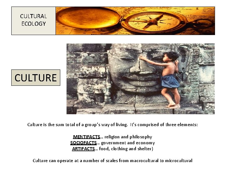 CULTURAL ECOLOGY CULTURE Culture is the sum total of a group’s way of living.