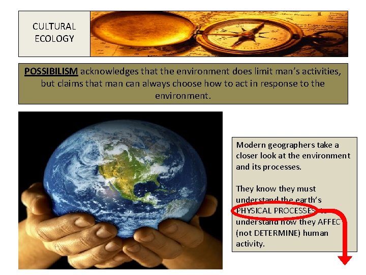 CULTURAL ECOLOGY POSSIBILISM acknowledges that the environment does limit man’s activities, but claims that