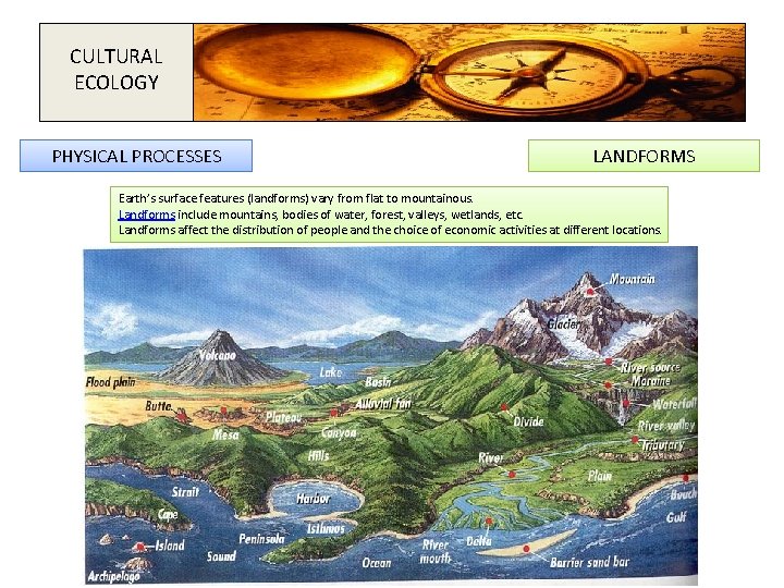 CULTURAL ECOLOGY PHYSICAL PROCESSES LANDFORMS Earth’s surface features (landforms) vary from flat to mountainous.