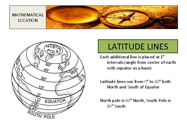 MATHEMATICAL LOCATION LATITUDE LINES Each additional line is placed at 1° intervals (angle from