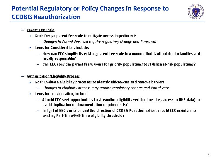 Potential Regulatory or Policy Changes in Response to CCDBG Reauthorization – Parent Fee Scale