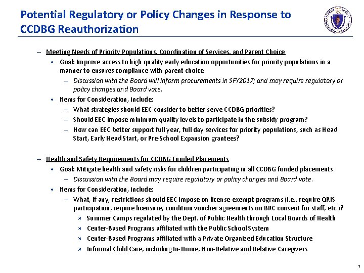 Potential Regulatory or Policy Changes in Response to CCDBG Reauthorization – Meeting Needs of