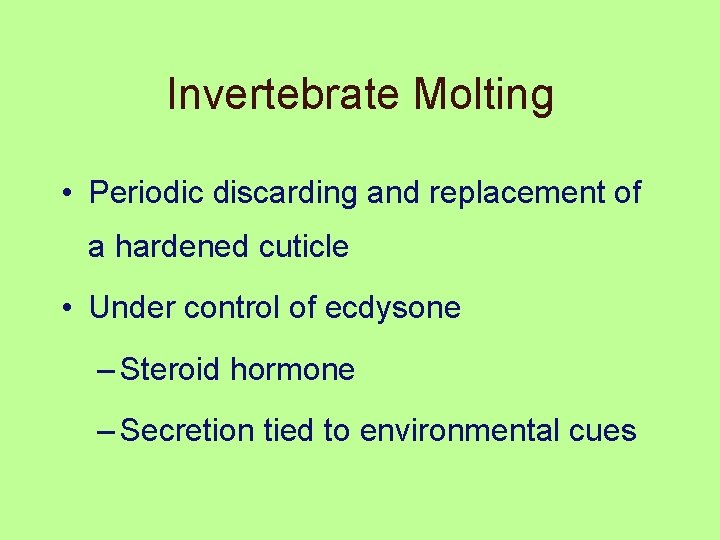 Invertebrate Molting • Periodic discarding and replacement of a hardened cuticle • Under control