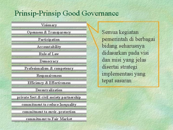 Prinsip-Prinsip Good Governance Visionary Openness & Transparency Participation Accountability Rule of Law Democracy Profesionalism