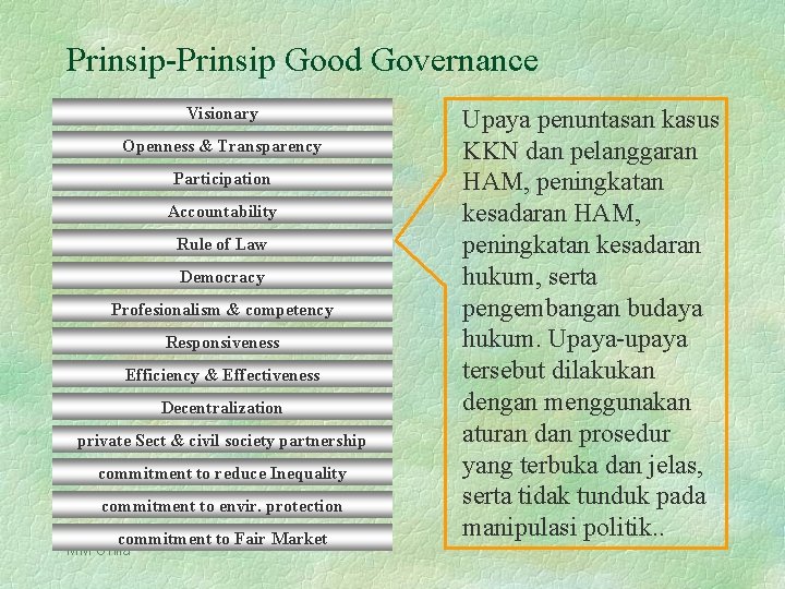 Prinsip-Prinsip Good Governance Visionary Openness & Transparency Participation Accountability Rule of Law Democracy Profesionalism