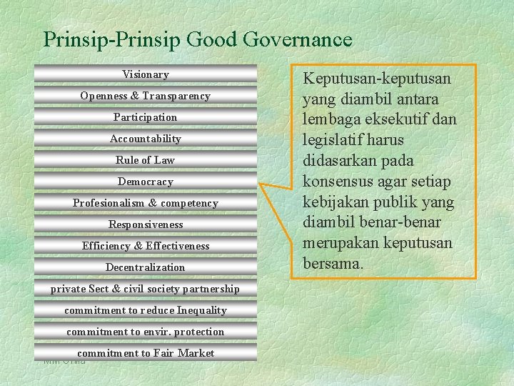 Prinsip-Prinsip Good Governance Visionary Openness & Transparency Participation Accountability Rule of Law Democracy Profesionalism