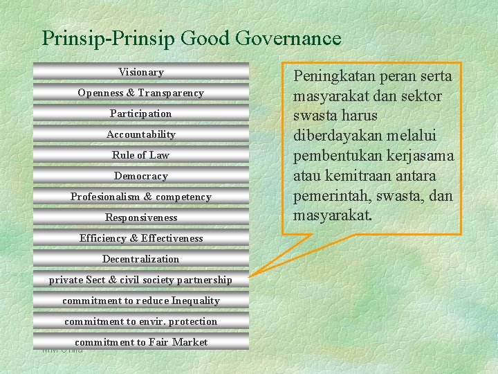 Prinsip-Prinsip Good Governance Visionary Openness & Transparency Participation Accountability Rule of Law Democracy Profesionalism