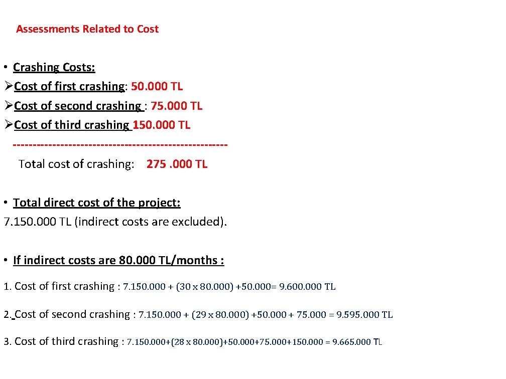 Assessments Related to Cost • Crashing Costs: ØCost of first crashing: 50. 000 TL
