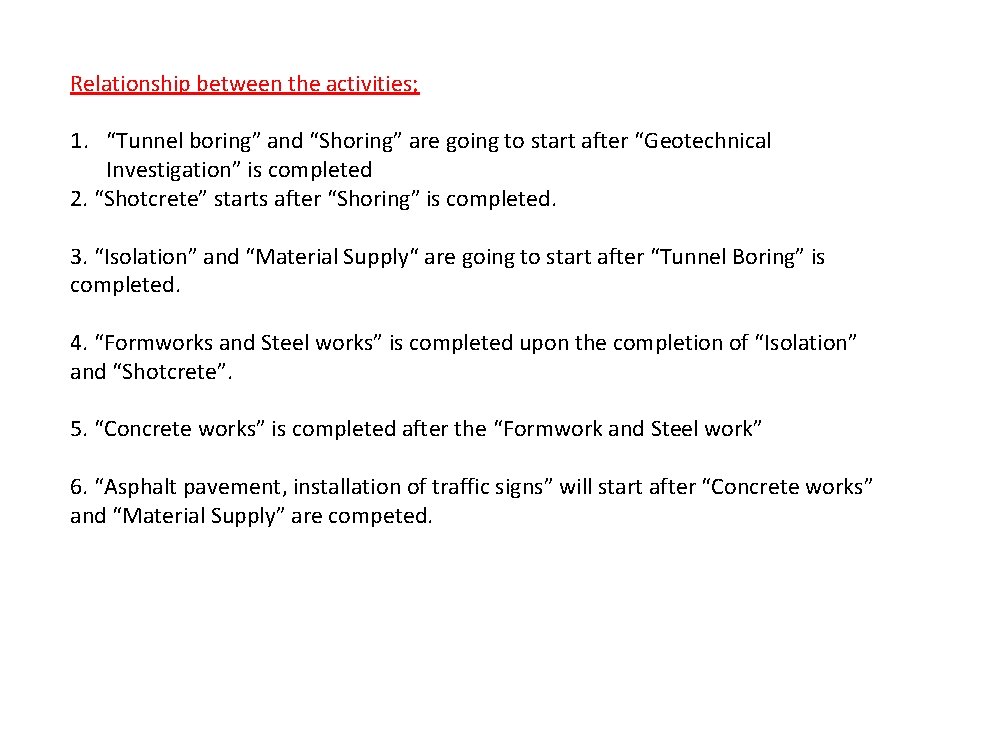 Relationship between the activities; 1. “Tunnel boring” and “Shoring” are going to start after