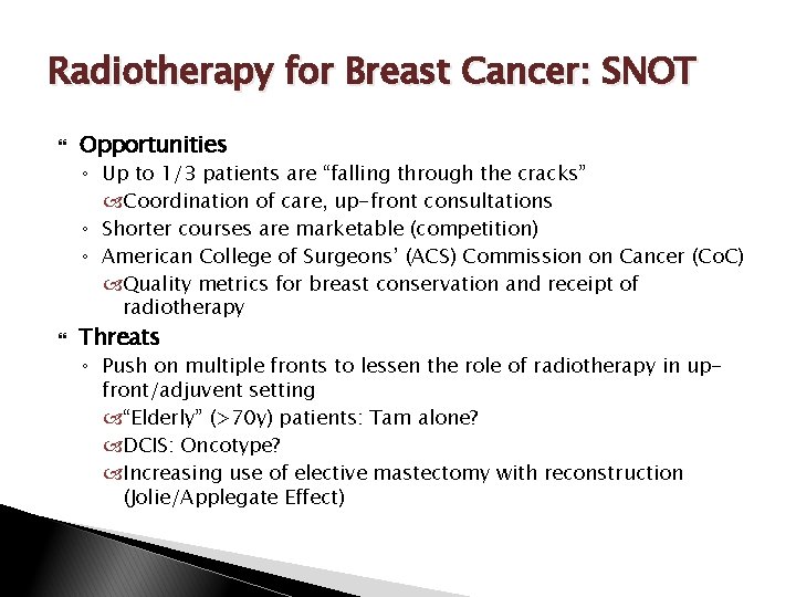 Radiotherapy for Breast Cancer: SNOT Opportunities ◦ Up to 1/3 patients are “falling through