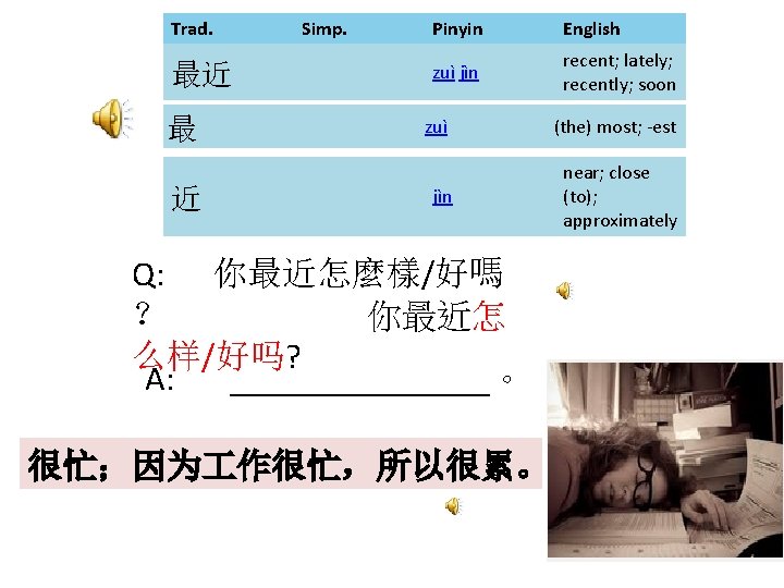 Trad. 最近 最 近 Simp. Pinyin English zuì jìn recent; lately; recently; soon zuì