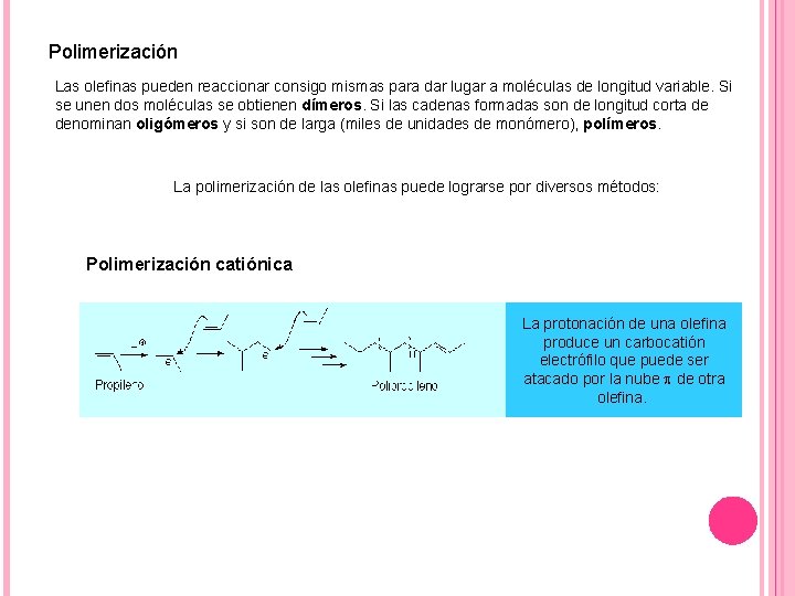 Polimerización Las olefinas pueden reaccionar consigo mismas para dar lugar a moléculas de longitud
