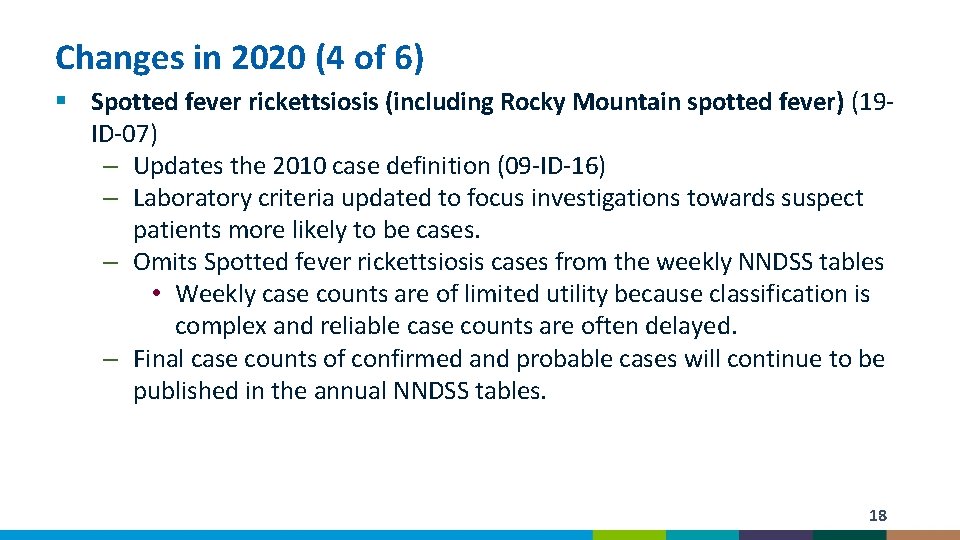 Changes in 2020 (4 of 6) § Spotted fever rickettsiosis (including Rocky Mountain spotted