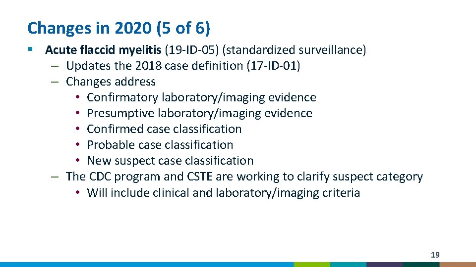 Changes in 2020 (5 of 6) § Acute flaccid myelitis (19 -ID-05) (standardized surveillance)