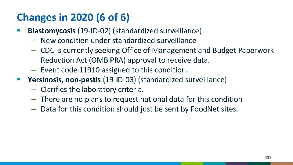 Changes in 2020 (6 of 6) § Blastomycosis (19 -ID-02) (standardized surveillance) – New