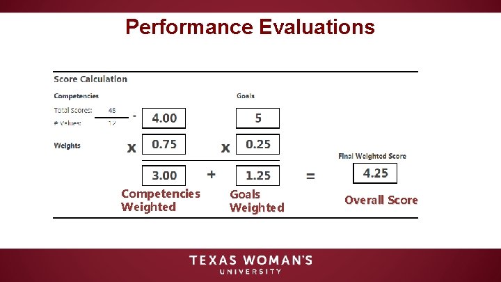 Performance Evaluations Competencies Weighted Goals Weighted Overall Score 