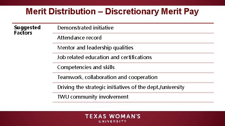 Merit Distribution – Discretionary Merit Pay Suggested Factors Demonstrated initiative Attendance record Mentor and