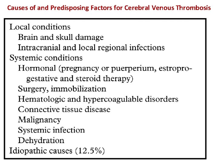 Causes of and Predisposing Factors for Cerebral Venous Thrombosis 