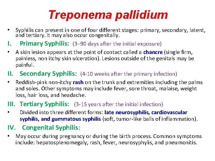 Treponema pallidium • Syphilis can present in one of four different stages: primary, secondary,