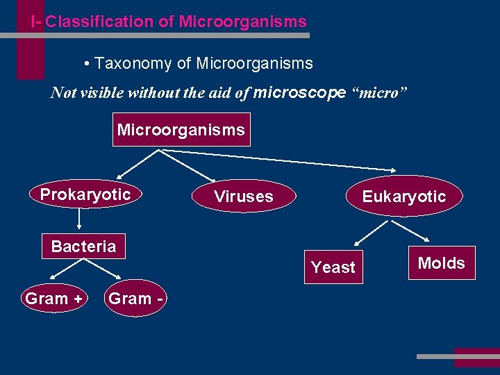 I- Classification of Microorganisms • Taxonomy of Microorganisms Not visible without the aid of