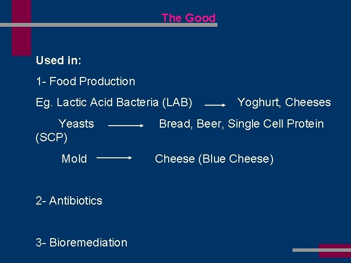 The Good Used in: 1 - Food Production Eg. Lactic Acid Bacteria (LAB) Yeasts