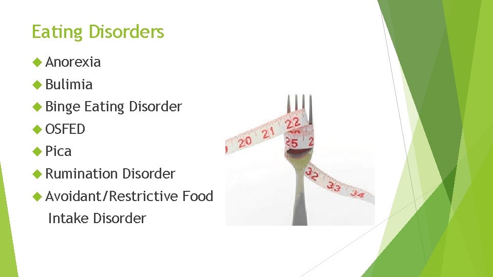 Eating Disorders Anorexia Bulimia Binge Eating Disorder OSFED Pica Rumination Disorder Avoidant/Restrictive Intake Disorder