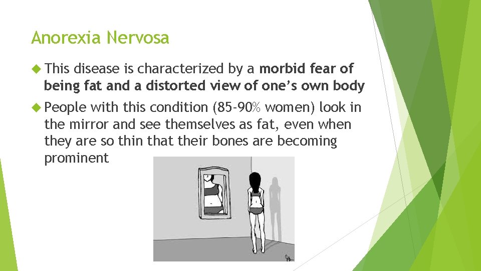 Anorexia Nervosa This disease is characterized by a morbid fear of being fat and