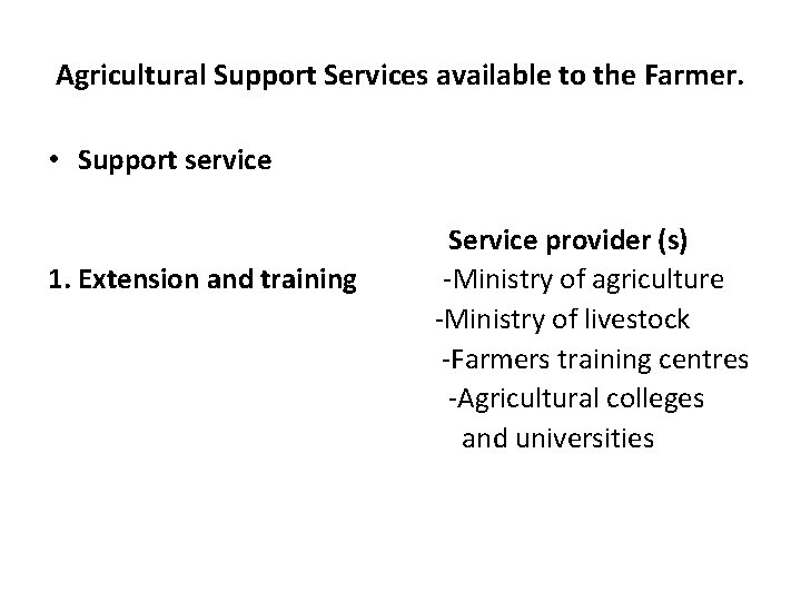 Agricultural Support Services available to the Farmer. • Support service 1. Extension and training