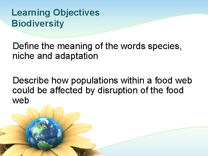 Learning Objectives Biodiversity Define the meaning of the words species, niche and adaptation Describe