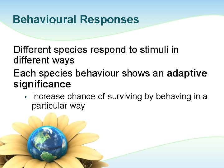 Behavioural Responses Different species respond to stimuli in different ways Each species behaviour shows