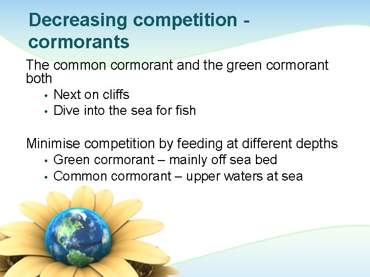 Decreasing competition cormorants The common cormorant and the green cormorant both • Next on