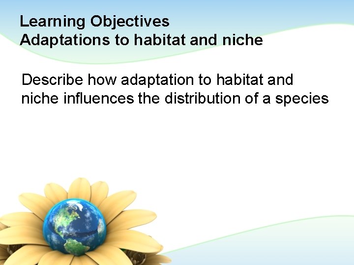 Learning Objectives Adaptations to habitat and niche Describe how adaptation to habitat and niche