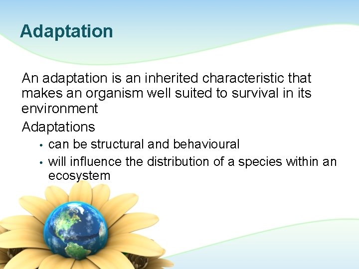 Adaptation An adaptation is an inherited characteristic that makes an organism well suited to