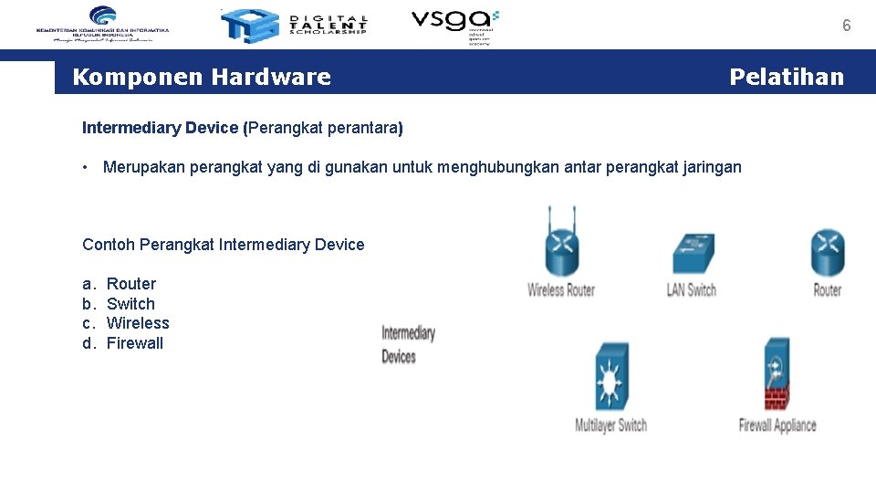 6 Komponen Hardware Pelatihan Intermediary Device (Perangkat perantara) • Merupakan perangkat yang di gunakan