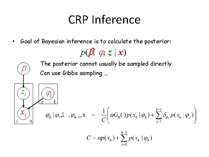 CRP Inference • Goal of Bayesian inference is to calculate the posterior: p( ,