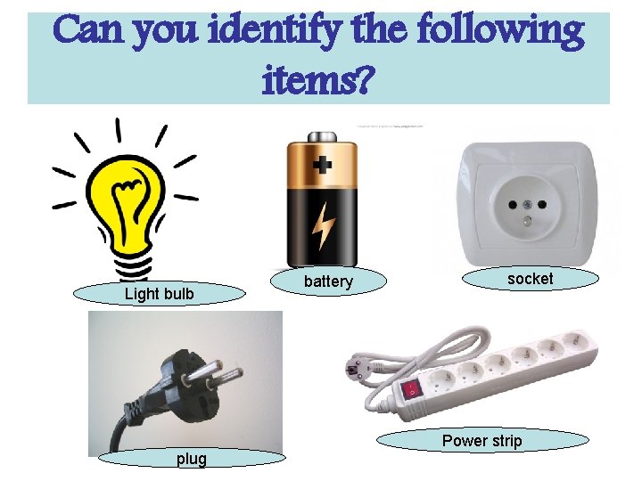 Can you identify the following items? Light bulb plug battery socket Power strip 